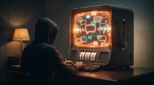 Una persona chatta con una macchina che è insieme AI e slot machine — metafora della dipendenza da dopamina indotta dall’intelligenza artificiale