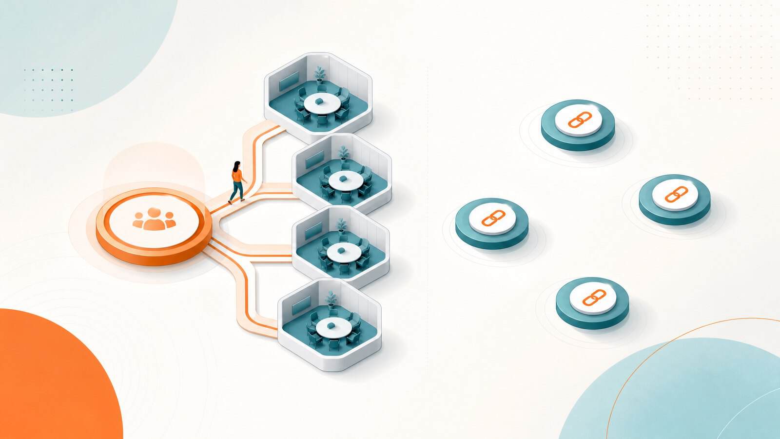 Evento digitale multi-stanza: un hub che si dirama in sale parallele contro quattro link scollegati