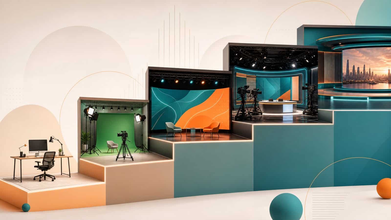 Livelli di produzione streaming: dalla scrivania al green screen, al ledwall, allo studio TV, al set 3D
