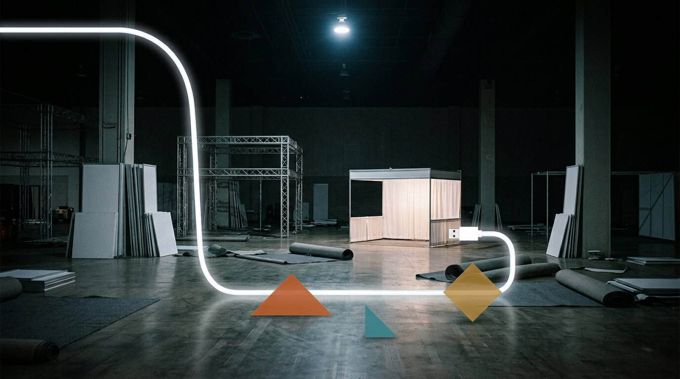 Padiglione fieristico vuoto dopo lo smontaggio, un solo stand ancora illuminato con il cavo collegato: cosa è sopravvissuto agli eventi virtuali del 2021