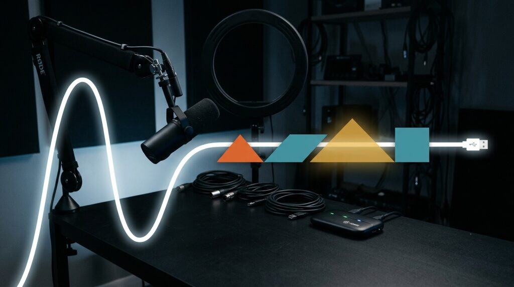 Microfono da studio con pop filter al buio, attraversato da un cavo di luce bianca che da onda si appiattisce in linea retta, con tessere tangram arancio, teal e ocra