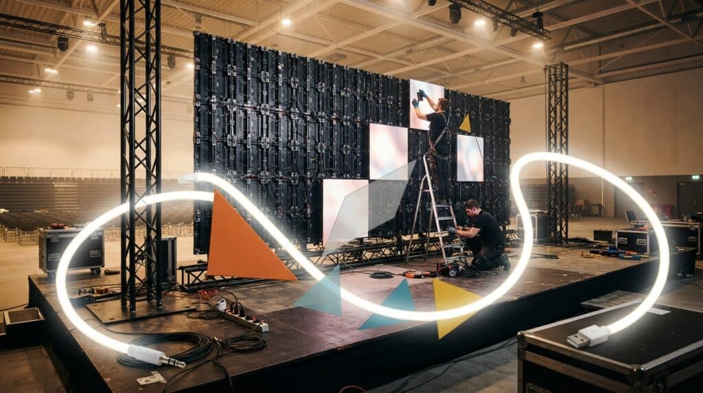 LED wall modulare in fase di montaggio su un palco evento, con struttura e cabinet, cavo bianco luminoso con connettori jack e USB e tangram colorati