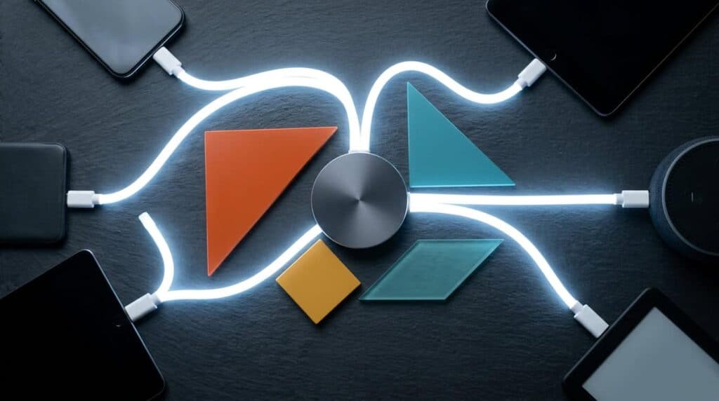 La piattaforma come hub centrale che collega i sistemi aziendali intorno: schema a raggiera con cavo bianco luminoso e tangram