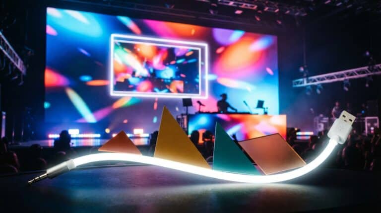 LED wall colorato con un riquadro inset picture-in-picture, cavo bianco con jack e USB e tangram