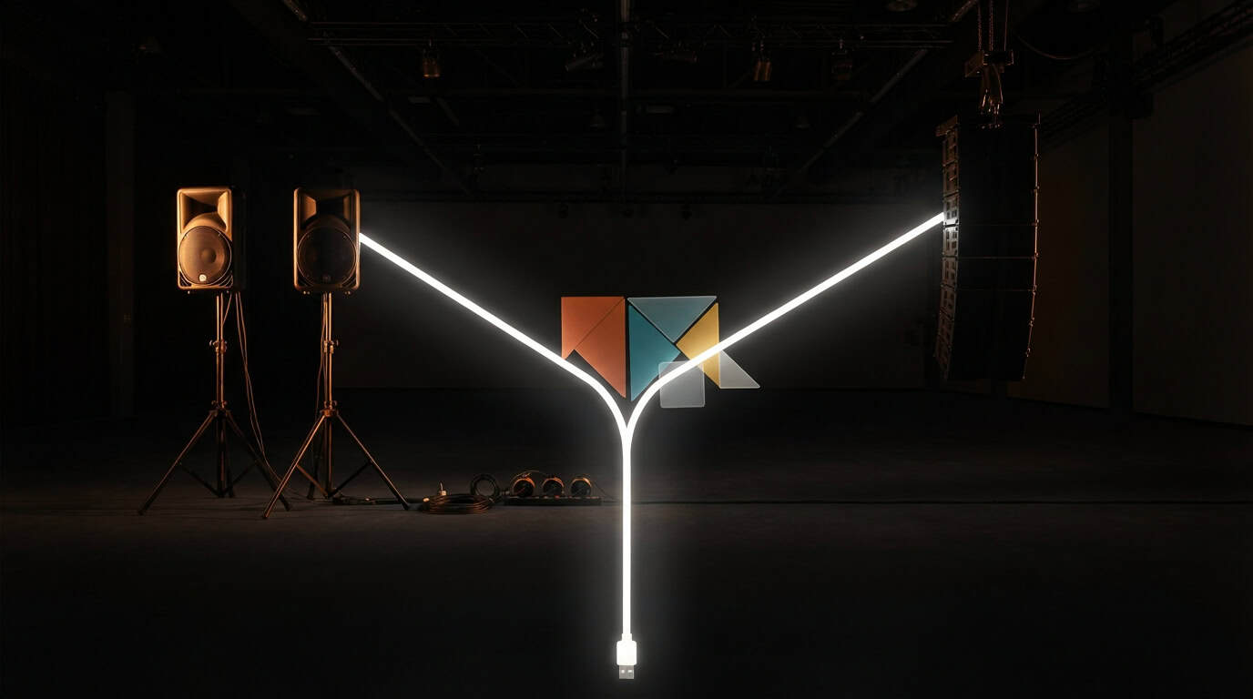 Due casse attive e un line array in una sala al buio, con un cavo di luce che si biforca verso i due tipi di diffusore