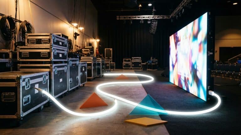 Flight case di attrezzatura a noleggio accanto a un LED wall montato e acceso, cavo bianco con jack e USB e tangram