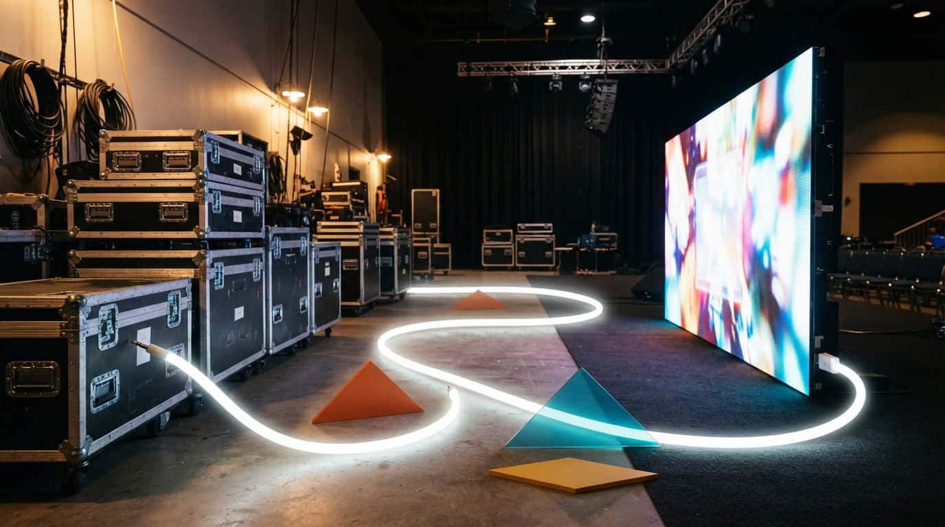 Flight case di attrezzatura a noleggio accanto a un LED wall montato