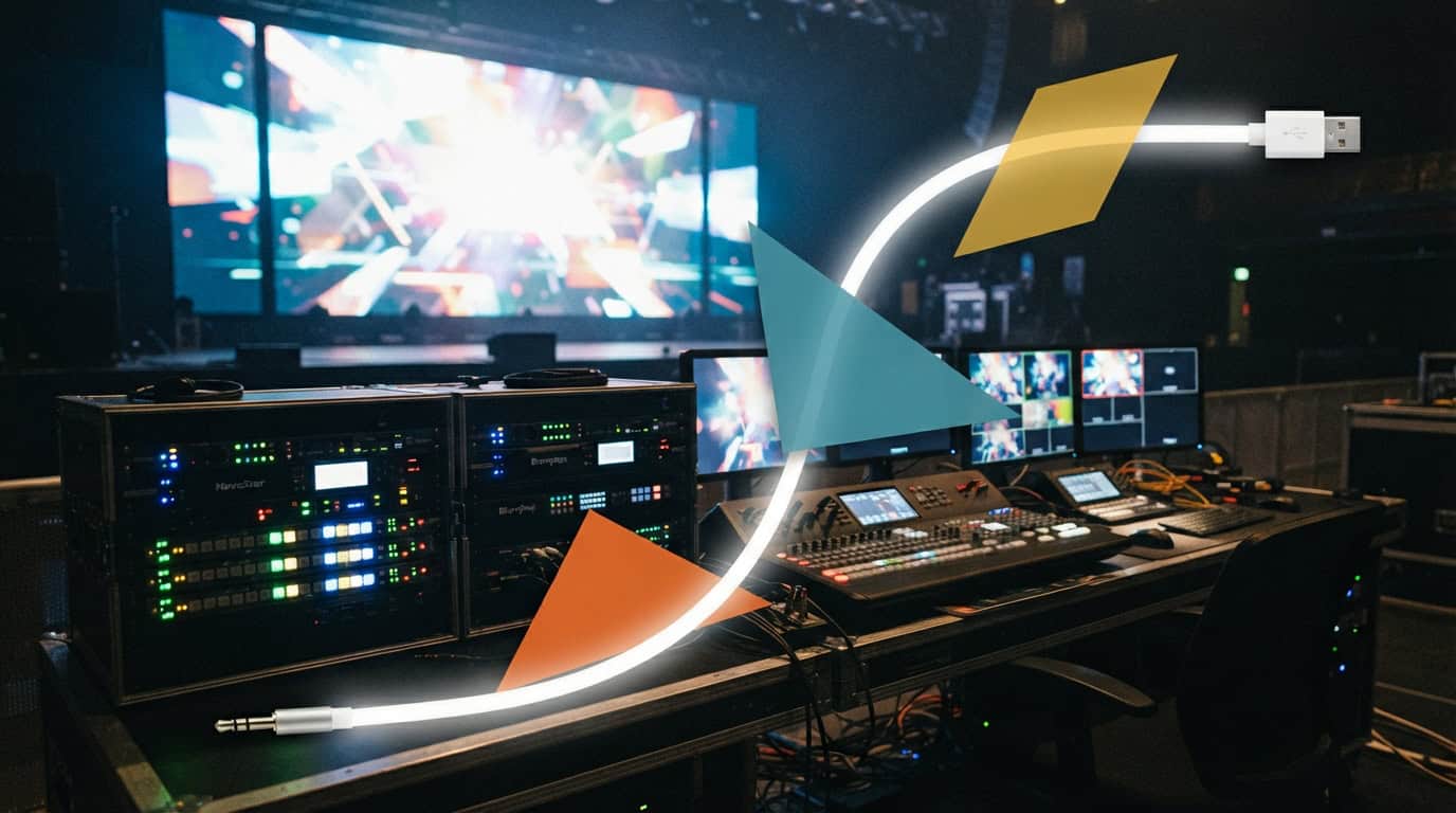 Banco di regia video con rack di processori LED e monitor