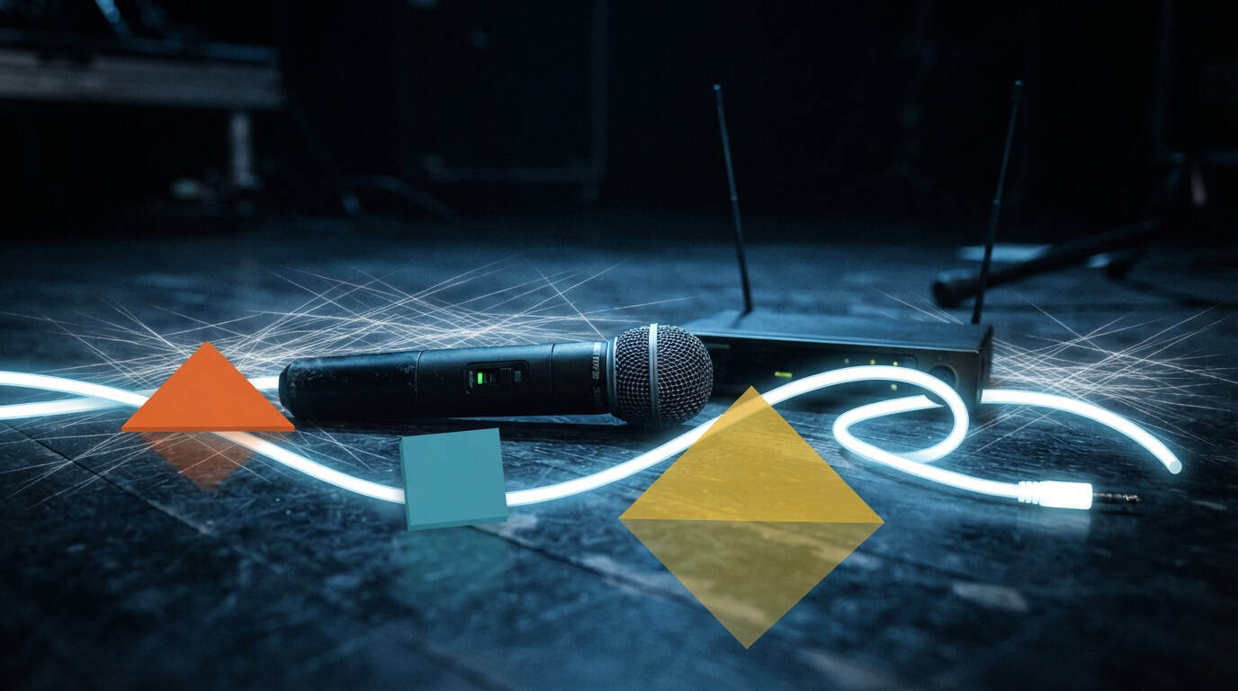 Radiomicrofono e ricevitore su un palco al buio, con un cavo di luce che attraversa le interferenze radio