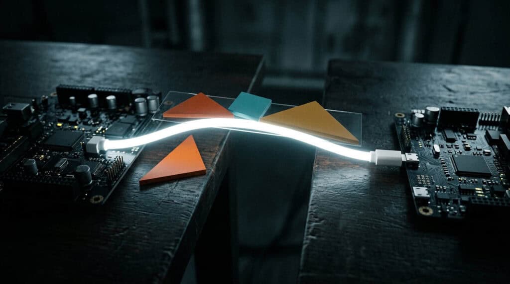 Un cavo bianco luminoso fa da ponte tra due schede elettroniche separate: l’integrazione tra la piattaforma e i sistemi aziendali
