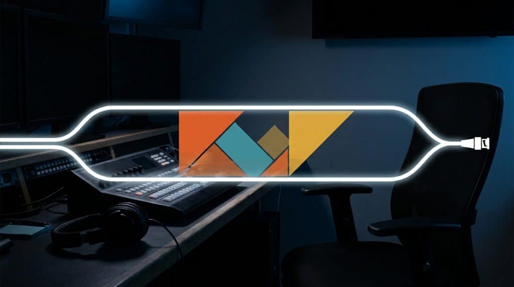 Banco di regia video al buio con cuffie e fader, attraversato da un cavo di luce bianca che si sdoppia in due rami paralleli e si ricongiunge, con tessere tangram arancio, teal e ocra