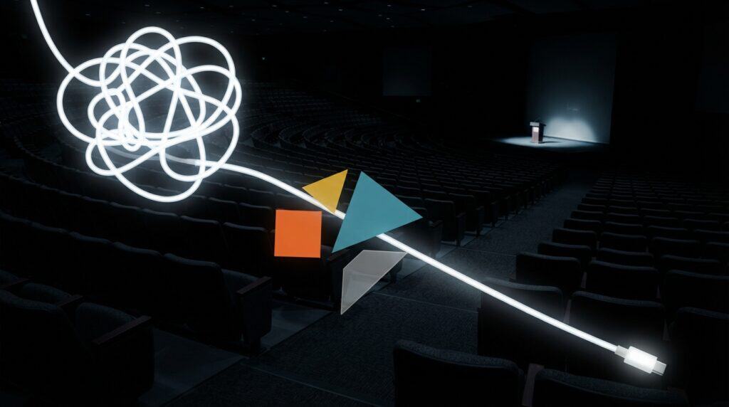 Auditorium buio con file di poltrone vuote e un palco lontano illuminato; un cavo luminoso bianco passa da un groviglio a una linea pulita: l'evento digitale da cinque ore che diventa un webinar da un'ora.