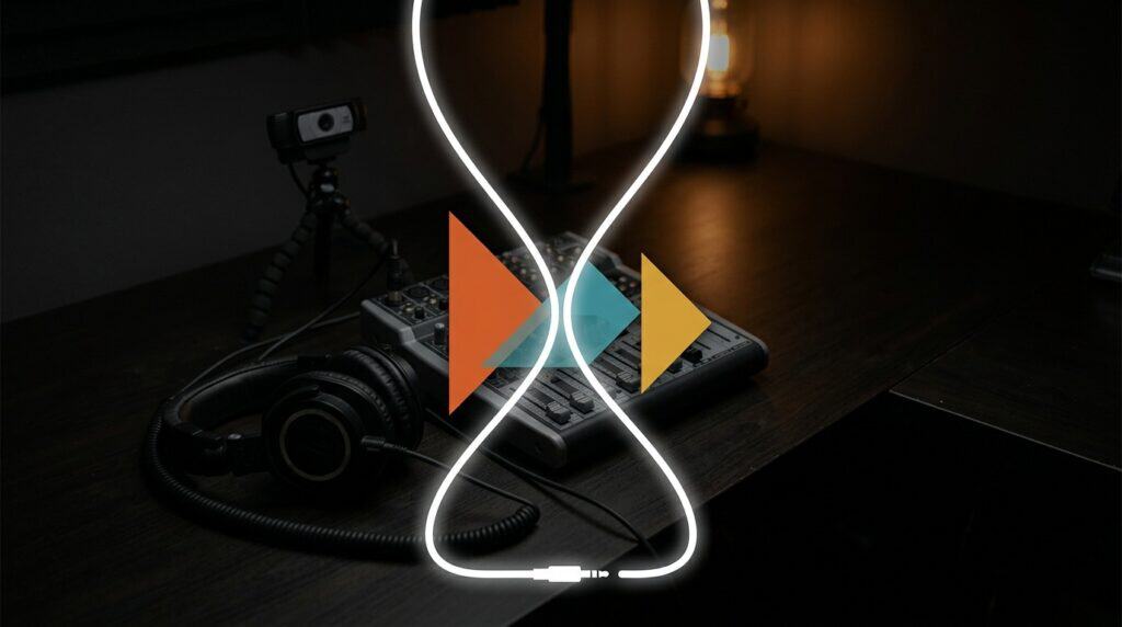 Cuffie professionali e mixer audio in penombra, con un cavo di luce bianca che disegna una clessidra e tessere tangram arancio e teal